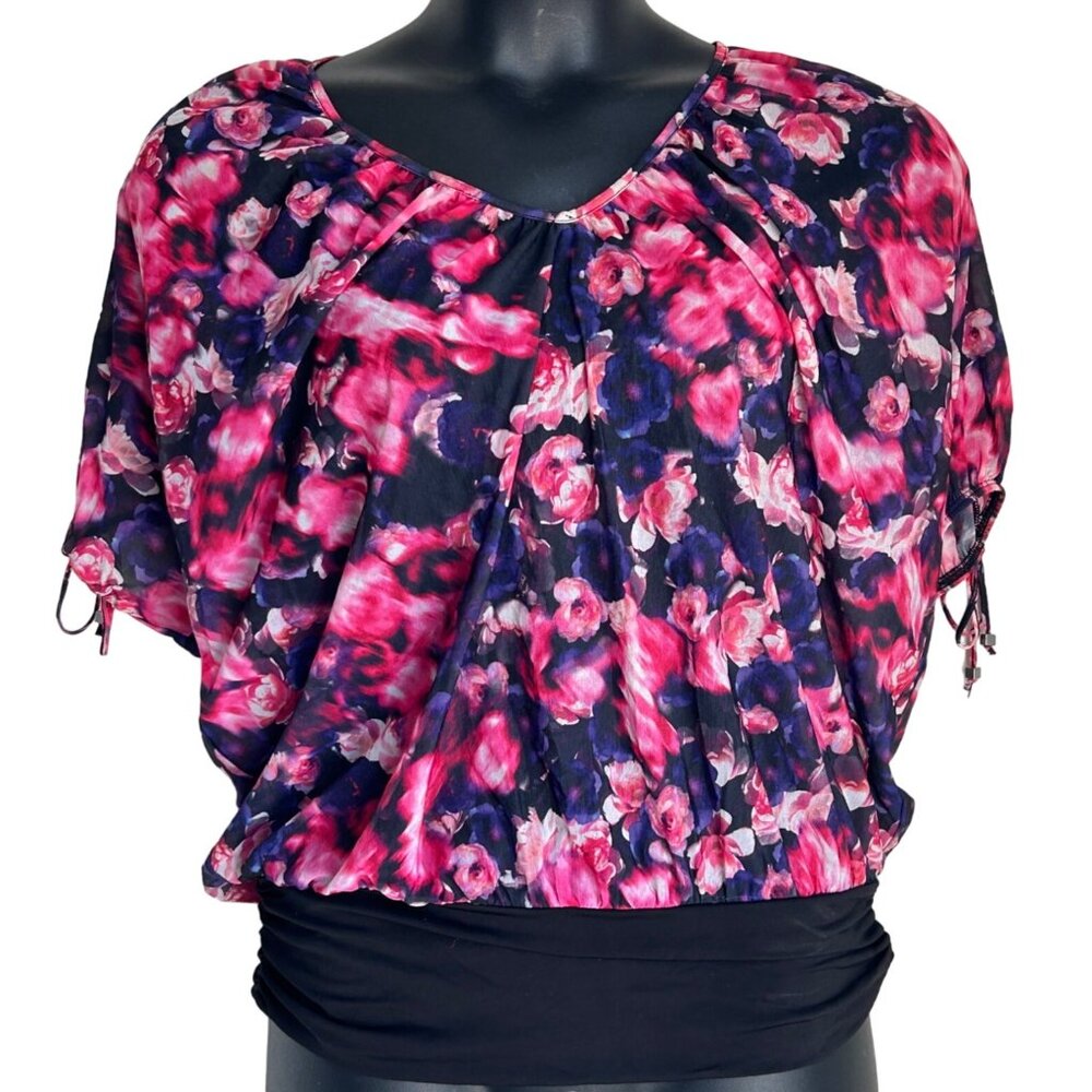 Jennifer Lopez Floral Ruffle Sleeve Blouse Pink & Purple Flowers sz M
